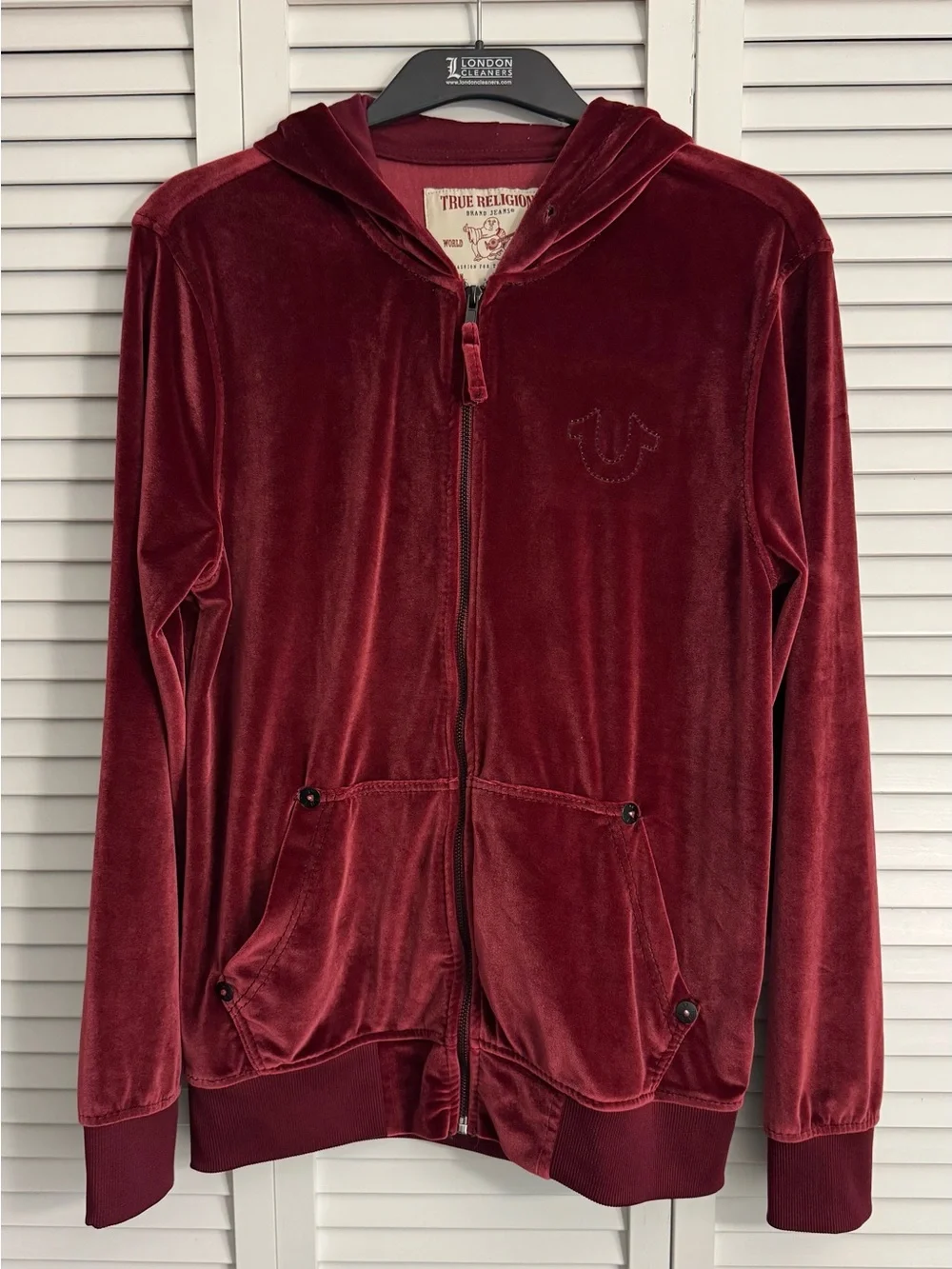 True Religion Men's Velour Zip-Up Hoodie in a deep burgundy or maroon color.